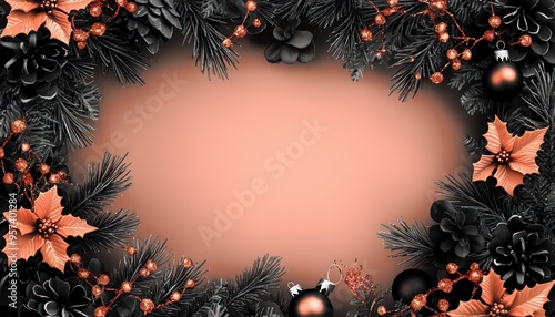 Christmas frame border in peach and black with a twilight glow. photo