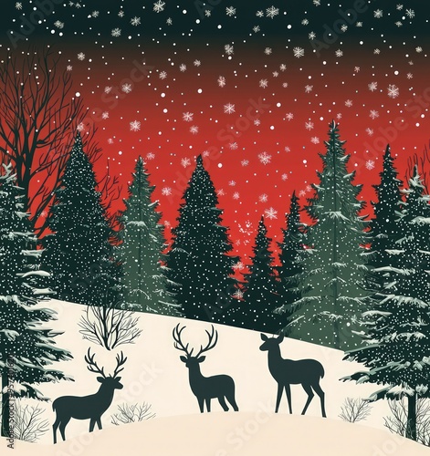 Fototapeta Naklejka Na Ścianę i Meble -  Deer in snowy pine forest with red sky and falling snow, Christmas card design.