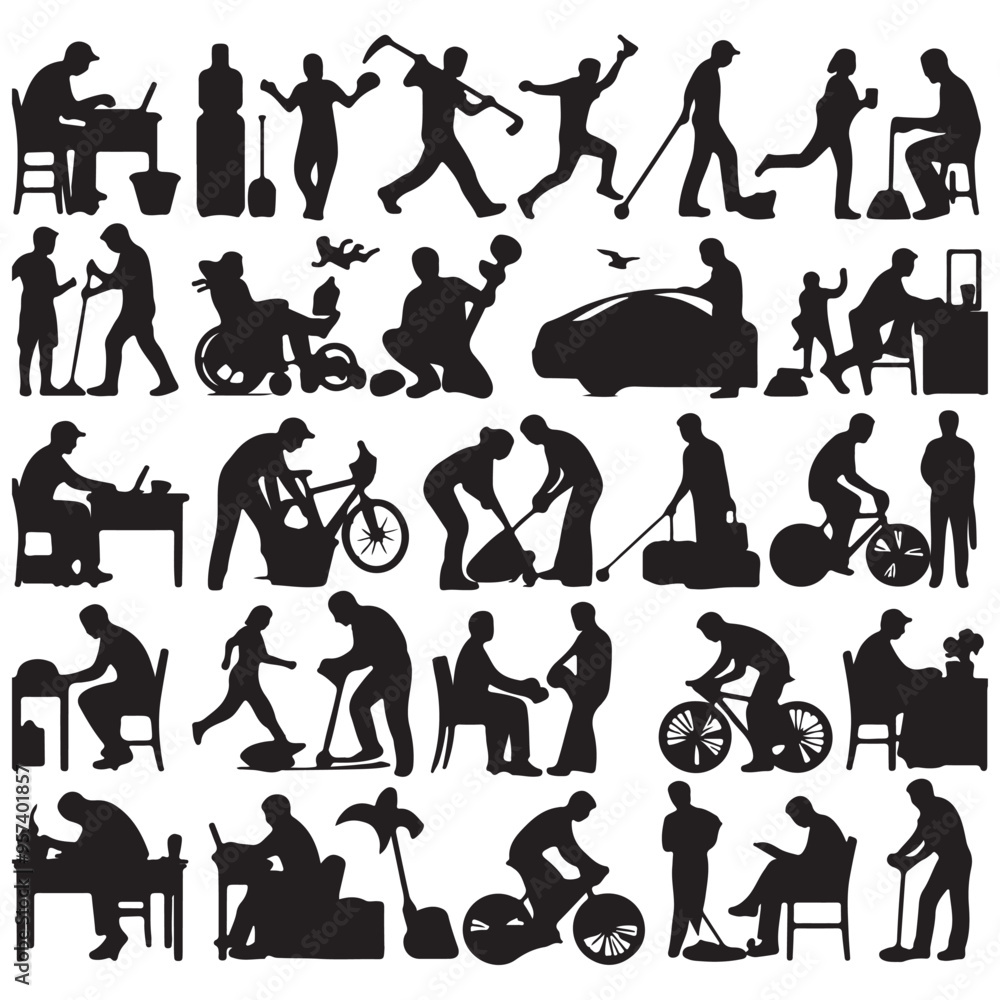 Silhouettes of people in engaging in everyday activities set vector with white background Silhouettes of people in engaging in everyday activities set vector with white background
