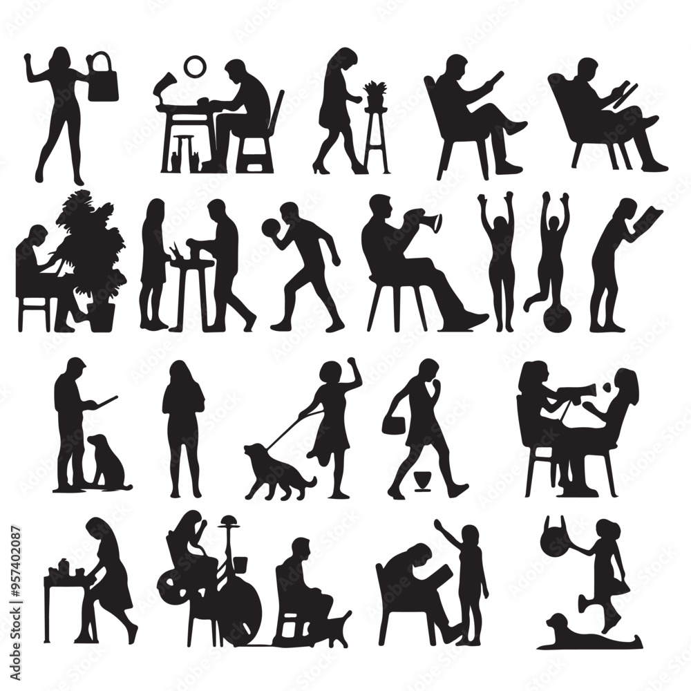 Silhouettes of people in engaging in everyday activities set vector with white background Silhouettes of people in engaging in everyday activities set vector with white background