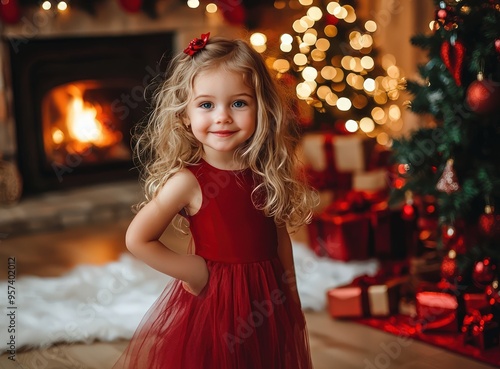 cute little girl in red dress standing with christmas decor background