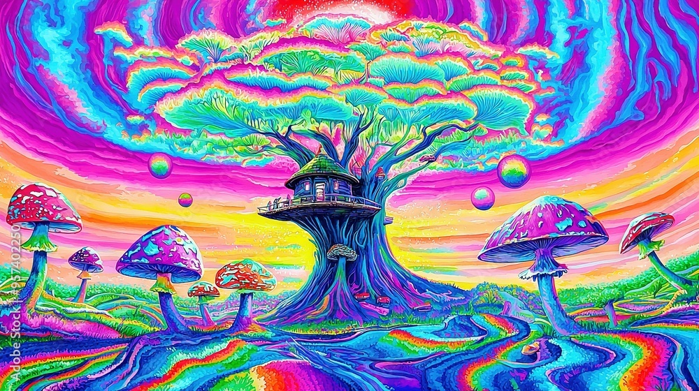 A vibrant depiction of a treehouse amidst a field, surrounded by colorful mushrooms and a stunning rainbow sky A vibrant depiction of a treehouse amidst a field, surrounded by colorful mushrooms and a stunning rainbow sky