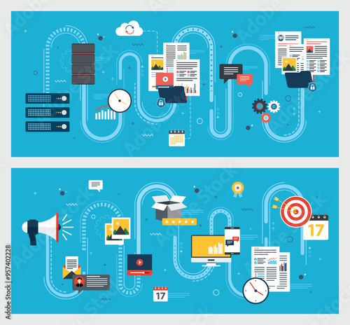 Flat icon set design in internet banner template with concept of database sharing, security and backup, communication and marketing strategy in business.