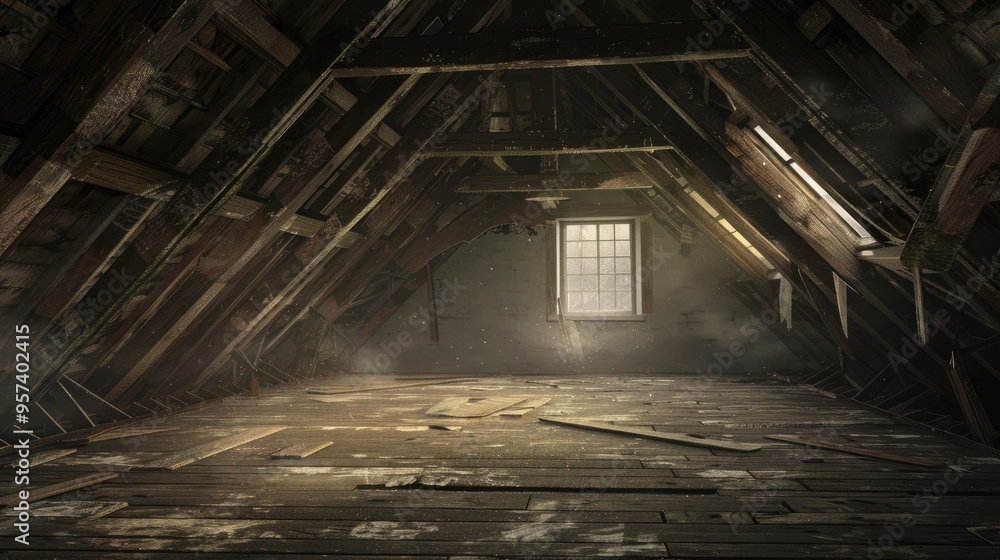 Old house's empty attic Interior. Generative AI Old house's empty attic Interior. Generative AI