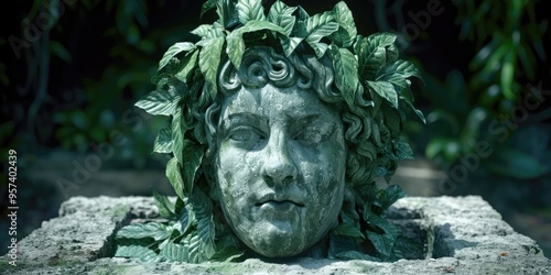 Ancient stone sculpture of a leafy god with intricate details found in a lush garden setting photo