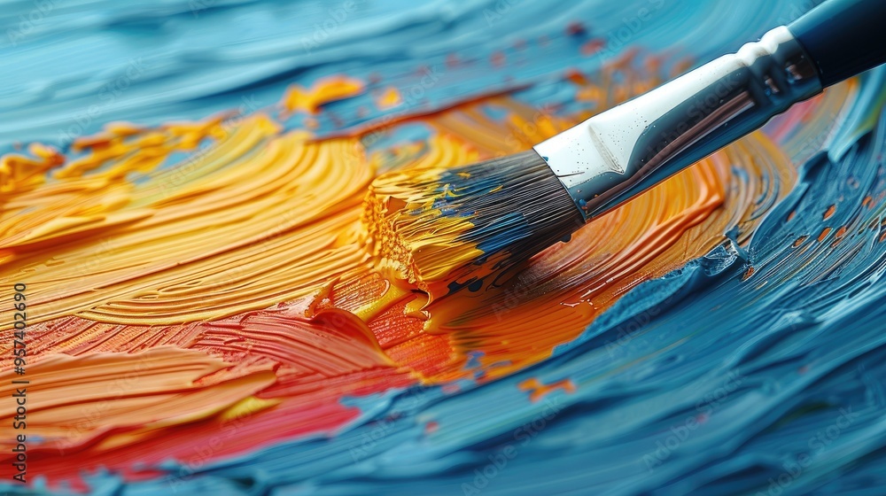 Macro shot of a paintbrush applying vibrant colors on a textured canvas in an artist's studio Macro shot of a paintbrush applying vibrant colors on a textured canvas in an artist's studio