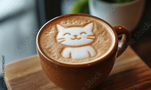 Cup of coffee with latte art on top showing cute kitten or cat. Generative AI photo