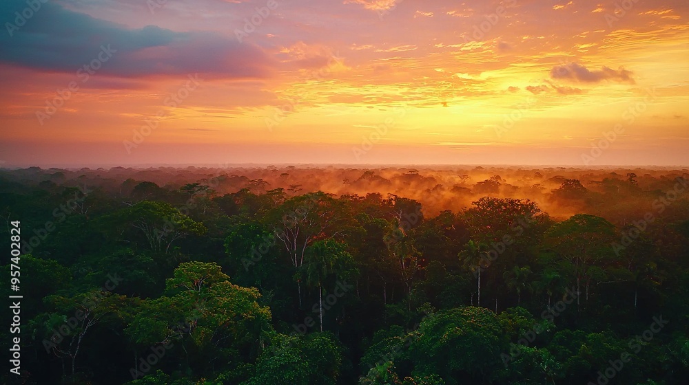 A sunset over a forest brimming with tall trees, and a lone plane gliding above the treetops A sunset over a forest brimming with tall trees, and a lone plane gliding above the treetops