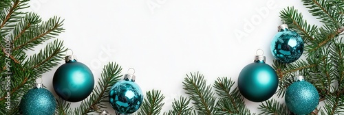 Long view of teal ornaments framed by pine leaves, ideal for high-res projects.