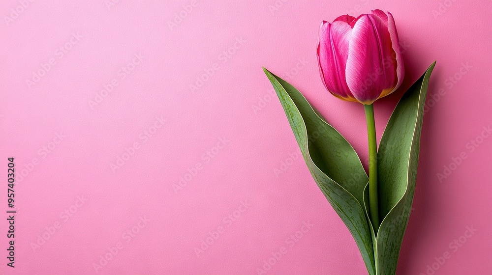 Fototapeta premium A solitary pink tulip resting atop a pink background, adorned with a green stem extending from its base