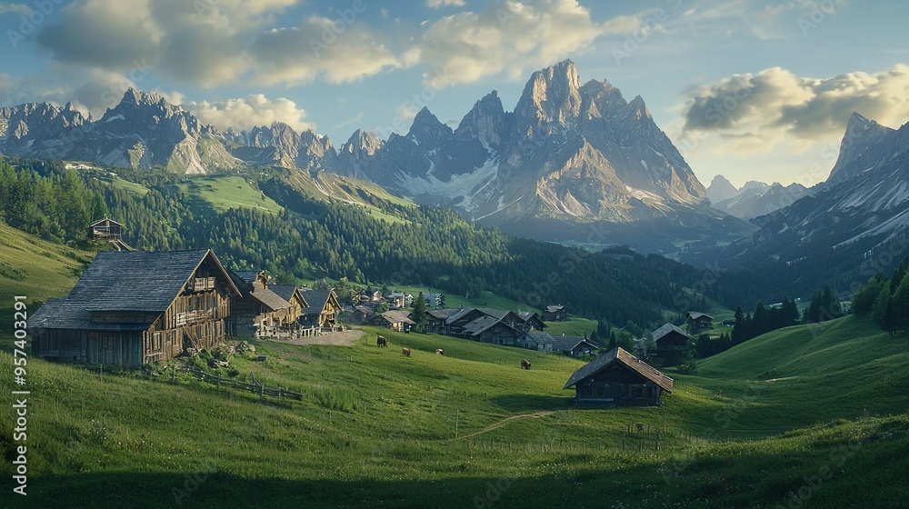 A quaint village nestled amidst a verdant valley and encircled by majestic mountains, with wisps of cloud drifting lazily overhead A quaint village nestled amidst a verdant valley and encircled by majestic mountains, with wisps of cloud drifting lazily overhead