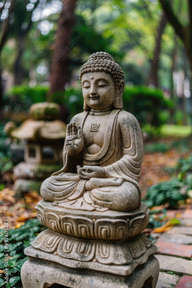 Serene Buddha statue in a tranquil garden surrounded by lush greenery Serene Buddha statue in a tranquil garden surrounded by lush greenery