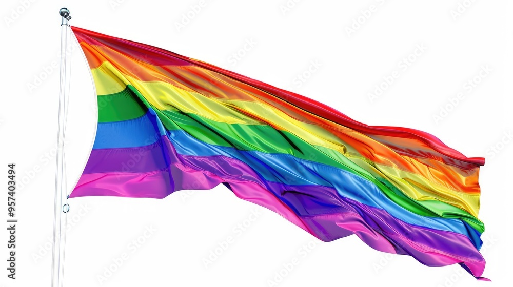 Colorful rainbow flag waving in the wind on isolated white background Colorful rainbow flag waving in the wind on isolated white background