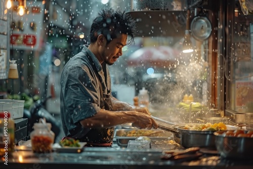 A street vendor prepares delicious meals under rain in a bustling night market, showcasing culinary skills and vibrant local culture