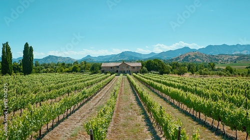  A field with a house in the center and a mountain range visible in the background