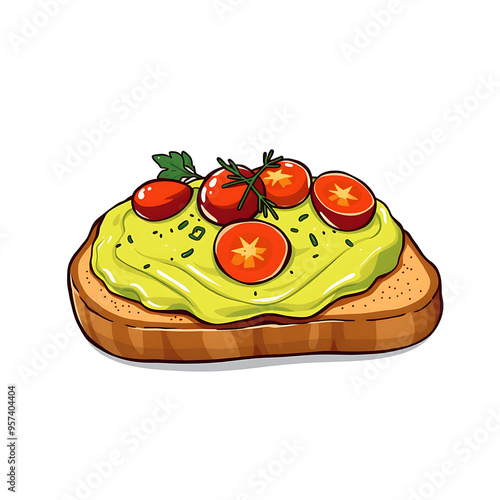  Clip art of a slice of toast topped with mashed avocado, garnished with cherry tomatoes and a sprinkle of herbs.