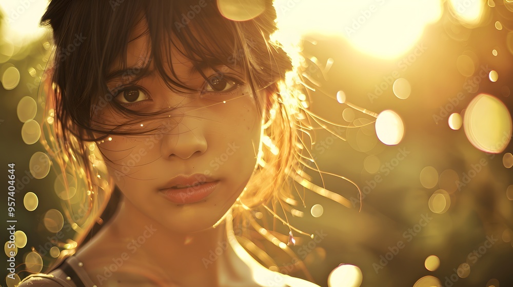 Fototapeta premium Attractive beautiful young girl sunlight sunshine effect