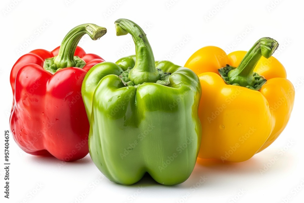 Vibrant bell peppers in varied colors on white background showcasing freshness and quality Vibrant bell peppers in varied colors on white background showcasing freshness and quality