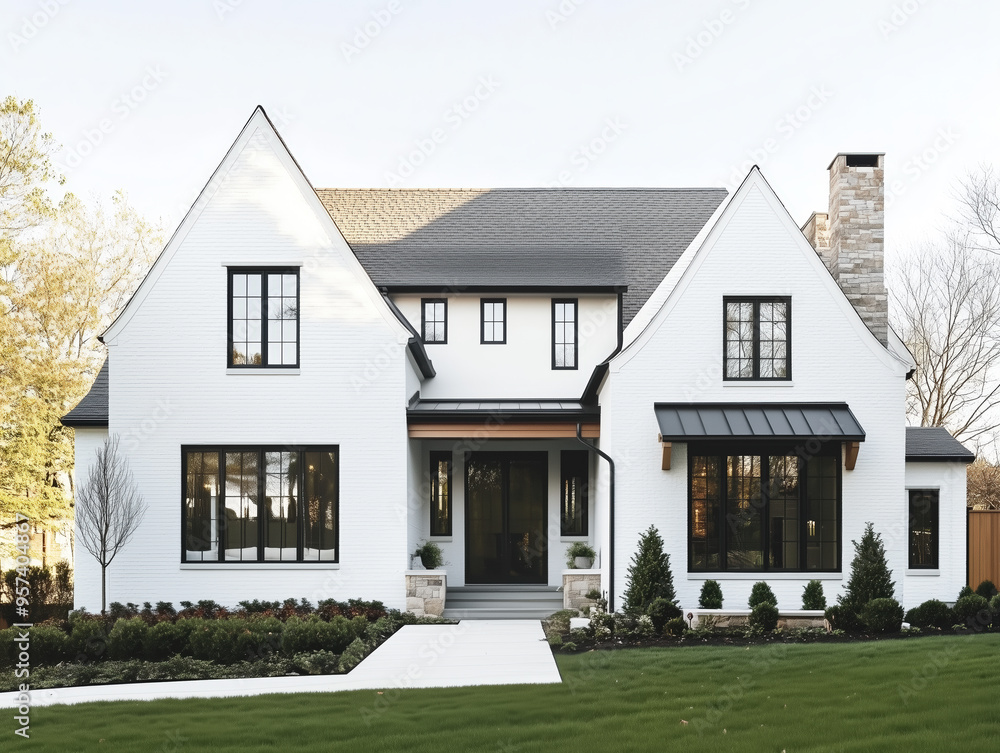 A luxury white modern farmhouse with white brick, beautiful landscaping, and black window frames and roof. A luxury white modern farmhouse with white brick, beautiful landscaping, and black window frames and roof.