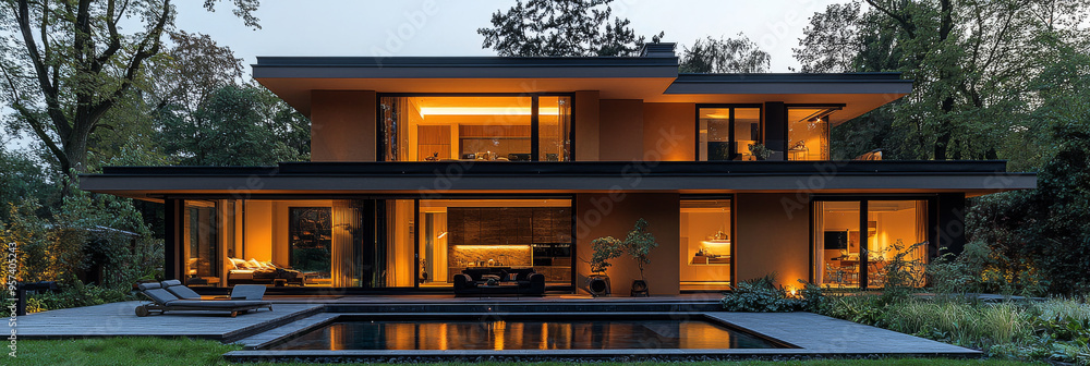 A modern home with a swimming pool and a lush green lawn in the backyard. A modern home with a swimming pool and a lush green lawn in the backyard.