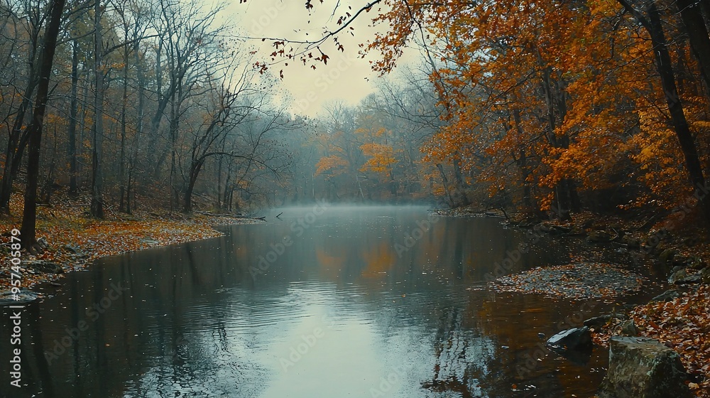 Fototapeta premium A body of water enclosed by trees with leaves strewn about