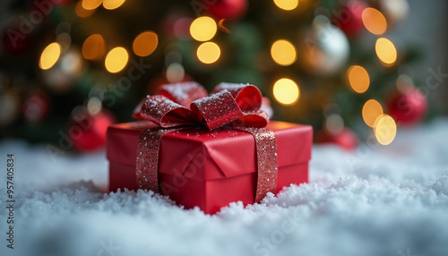 A close-up view of a red gift box with a bow, sitting on a snowy surface in front of a Christmas tree with twinkling lights