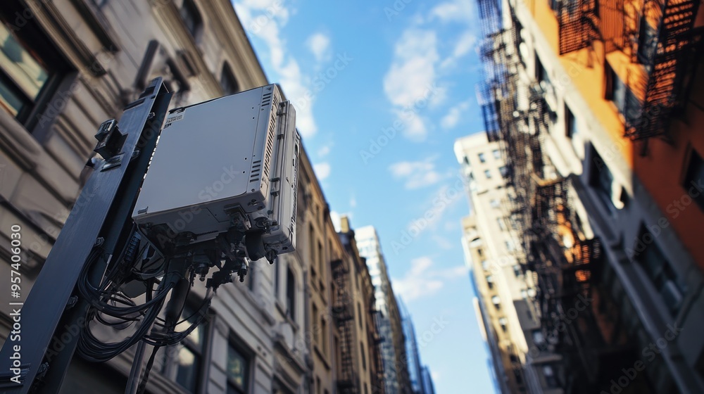 5G base station on tower technology on a street in the city 5G base station on tower technology on a street in the city