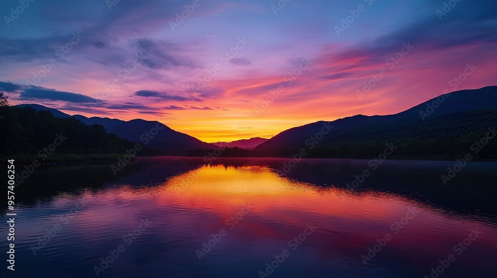 A stunning waterway, bathed in the glow of a picturesque sunset, surrounded by majestic mountain ranges and softly billowing clouds A stunning waterway, bathed in the glow of a picturesque sunset, surrounded by majestic mountain ranges and softly billowing clouds