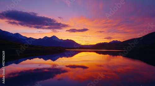 Wallpaper Mural   A serene lake surrounded by majestic mountains during a picturesque sunset, with wispy clouds dotting the azure sky above Torontodigital.ca