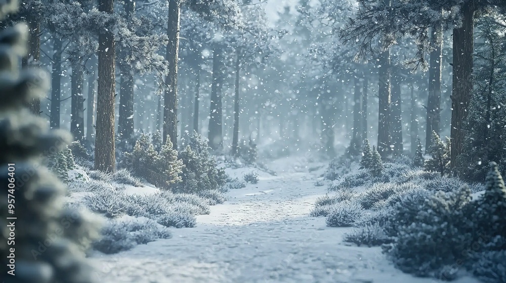 Fototapeta premium A snow-covered trail winds between towering pines as flurries descend from above