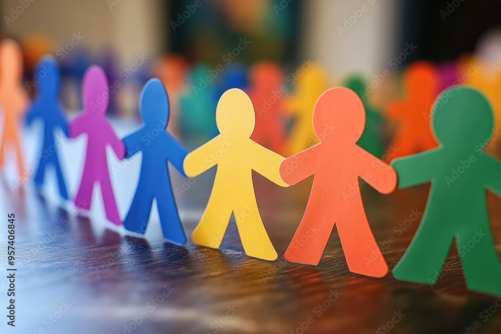 A chain of diverse, brightly colored paper humans holding hands on a table, depicting community solidarity, equality, and togetherness A chain of diverse, brightly colored paper humans holding hands on a table, depicting community solidarity, equality, and togetherness