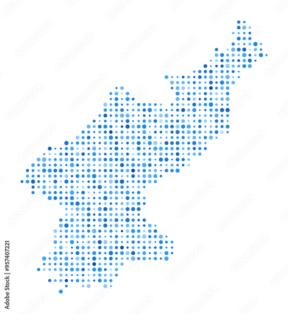 Obraz premium North Korea dot map. Country digital style shape. North Korea vector image. Country shape blue circular dots. Trending vector illustration.