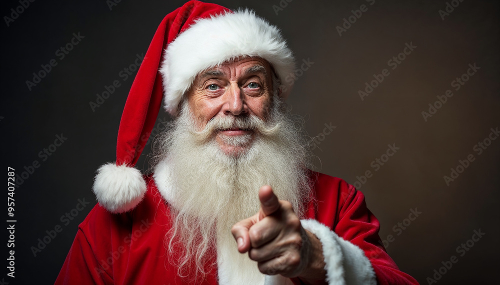 An elderly Caucasian man with a long white beard and mustache wearing a red Santa Claus costume, pointing his finger and looking at the camera An elderly Caucasian man with a long white beard and mustache wearing a red Santa Claus costume, pointing his finger and looking at the camera