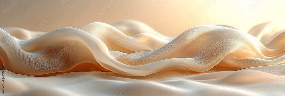 Soft, flowing cream-colored fabric drapes in a delicate wave pattern. Soft, flowing cream-colored fabric drapes in a delicate wave pattern.