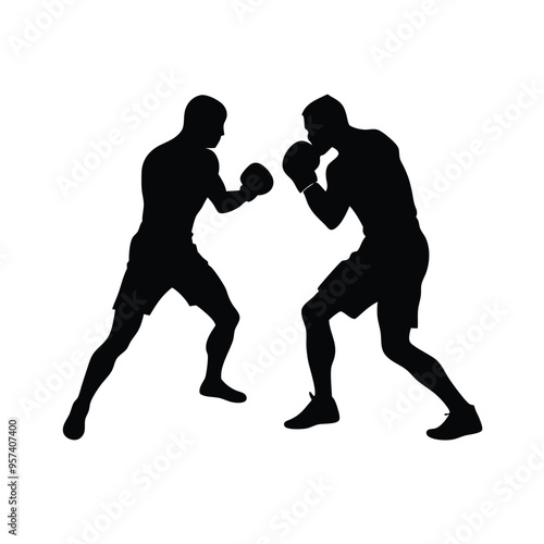two man Boxer player black and white silhouette, vector silhouette, isolated white background 