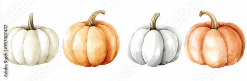 watercolor pumpkins. Watercolor Autumn Pumpkins and Gourds – Seasonal Harvest Illustration, watercolor gourds, row of pumpkins,  pumpkins background
