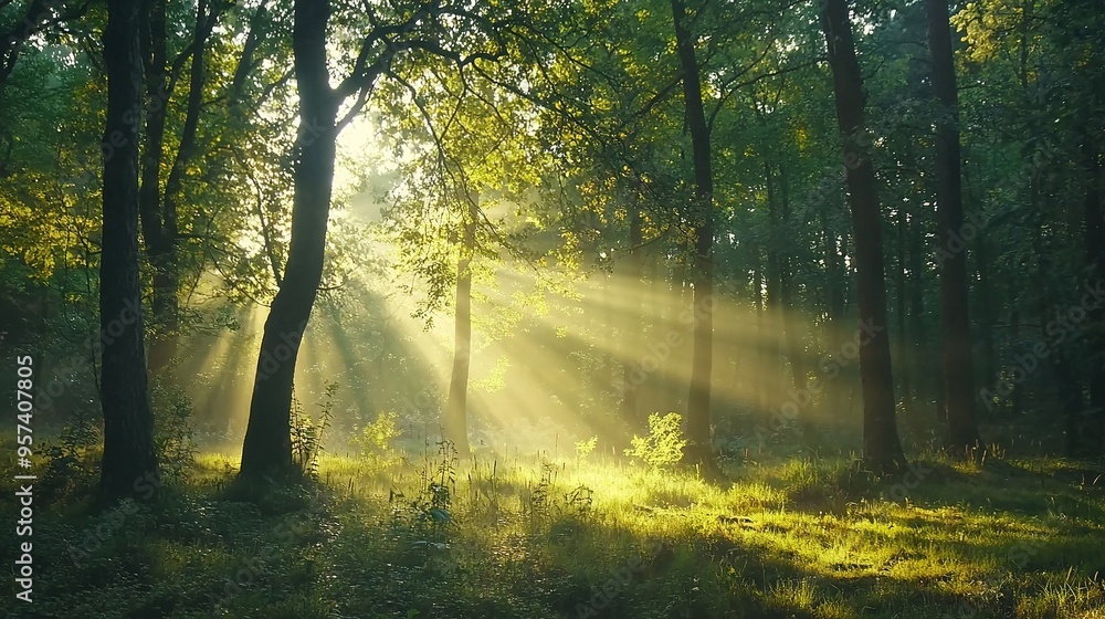 Obraz premium Through green grass & tall trees, the sun shines in a forest