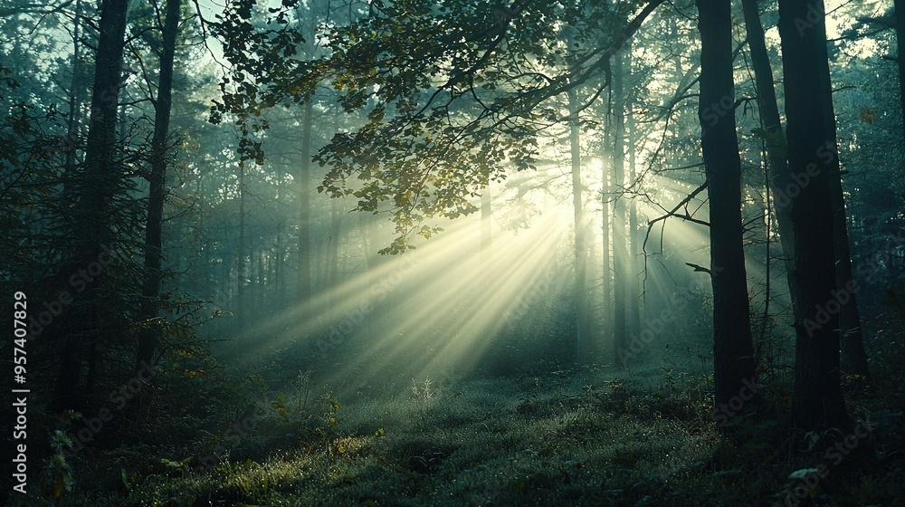 Naklejka premium The sun filters through the leaves and tall tree trunks, casting dappled rays onto the lush grass below