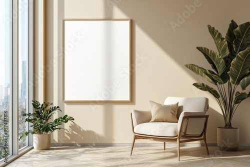 Poster Frame in Beige minimalist living room interior created with generative AI