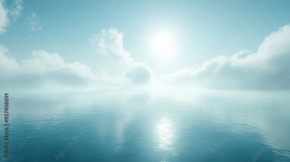 Large body of water with bright sun and cloudy sky Large body of water with bright sun and cloudy sky