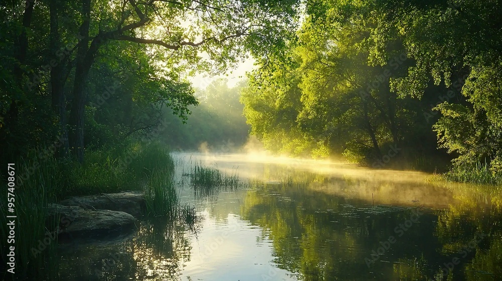 A lake surrounded by trees in a forest with the sun shining through the canopy above A lake surrounded by trees in a forest with the sun shining through the canopy above