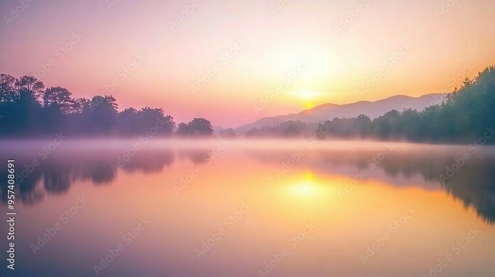 Fototapeta premium Lake with trees in foreground as sun sets, creating misty water in the foreground