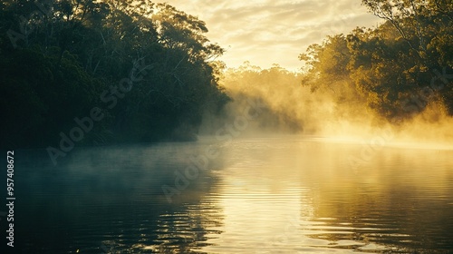  A boat is moored amidst a dense forest mist on an enclosed waterway