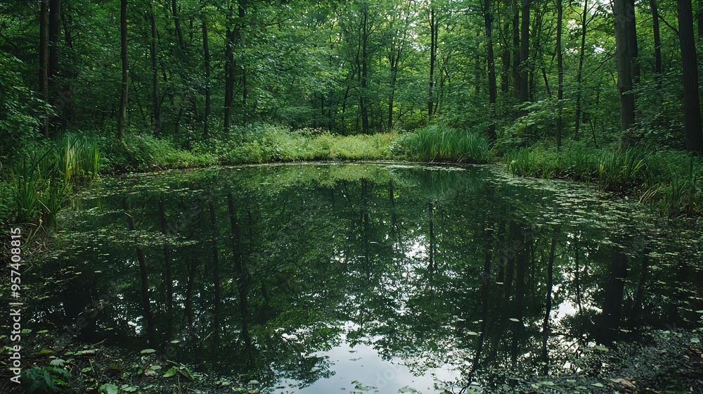 A pond surrounded by many trees and vibrant vegetation A pond surrounded by many trees and vibrant vegetation
