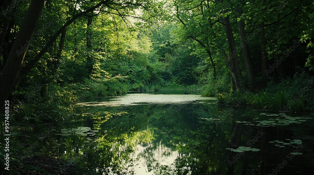A body of water surrounded by trees and adorned with water lilies, nestled in the heart of the forest A body of water surrounded by trees and adorned with water lilies, nestled in the heart of the forest