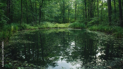   A pond surrounded by many trees and vibrant vegetation