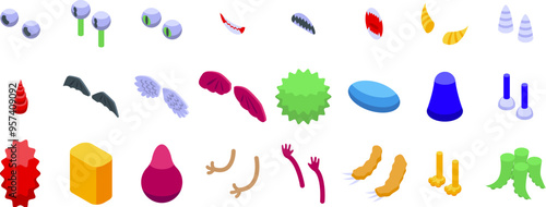 Monster creation icons set. Set of various monster body parts icons in isometric view, perfect for game developers and fantasy enthusiasts