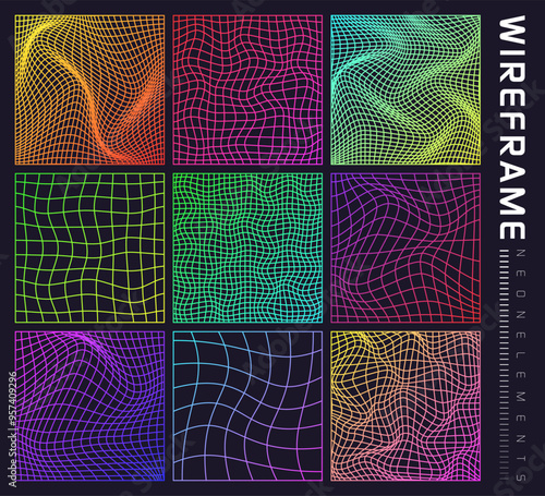 Colorful wireframe shapes, lined perspective mesh, 3d grid. Low poly geometric elements. Retro futuristic design elements, y2k, vaporwave and synthwave style. Vector illustration