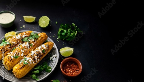 Elotes, Grilled Mexican Street Corn, charred cobs are covered in creamy mayonnaise, seasoned with chili powder and sprinkled with cheese, cilantro, and a spritz of lime juice, flat lay, free space photo