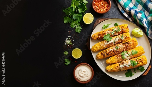 Elotes, Grilled Mexican Street Corn, charred cobs are covered in creamy mayonnaise, seasoned with chili powder and sprinkled with cheese, cilantro, and a spritz of lime juice, flat lay, free space photo